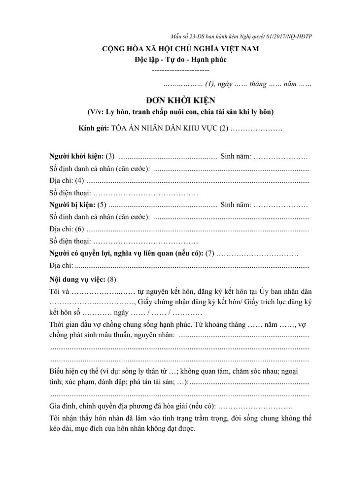Trang đầu mẫu đơn khởi kiện ly hôn trong bộ hồ sơ số 1